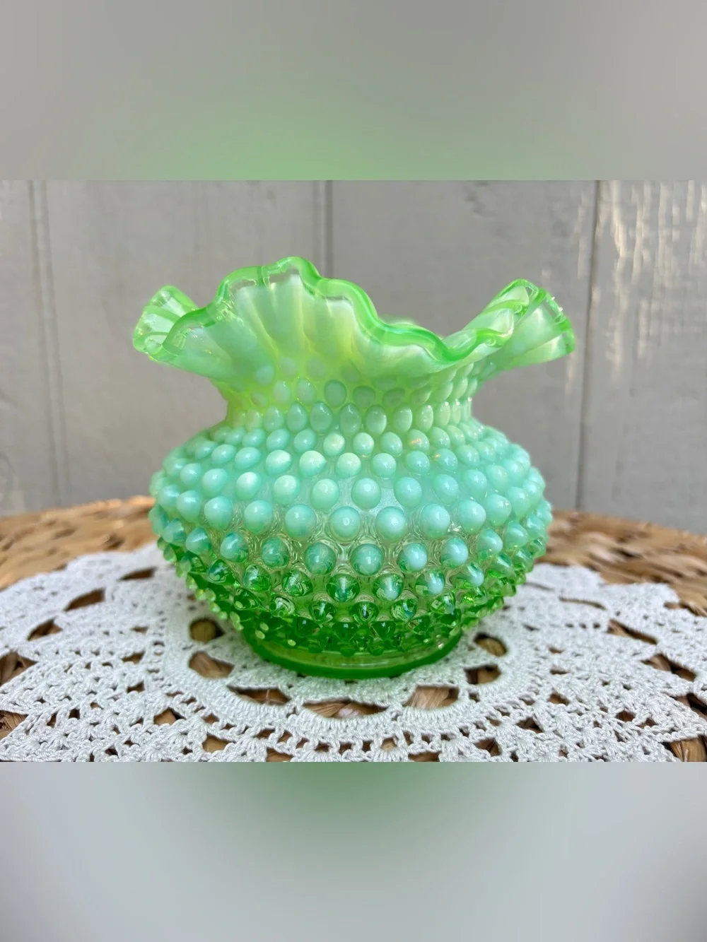 Fenton Rose Bowl Lime Green Opalescent Hobnail Glows!